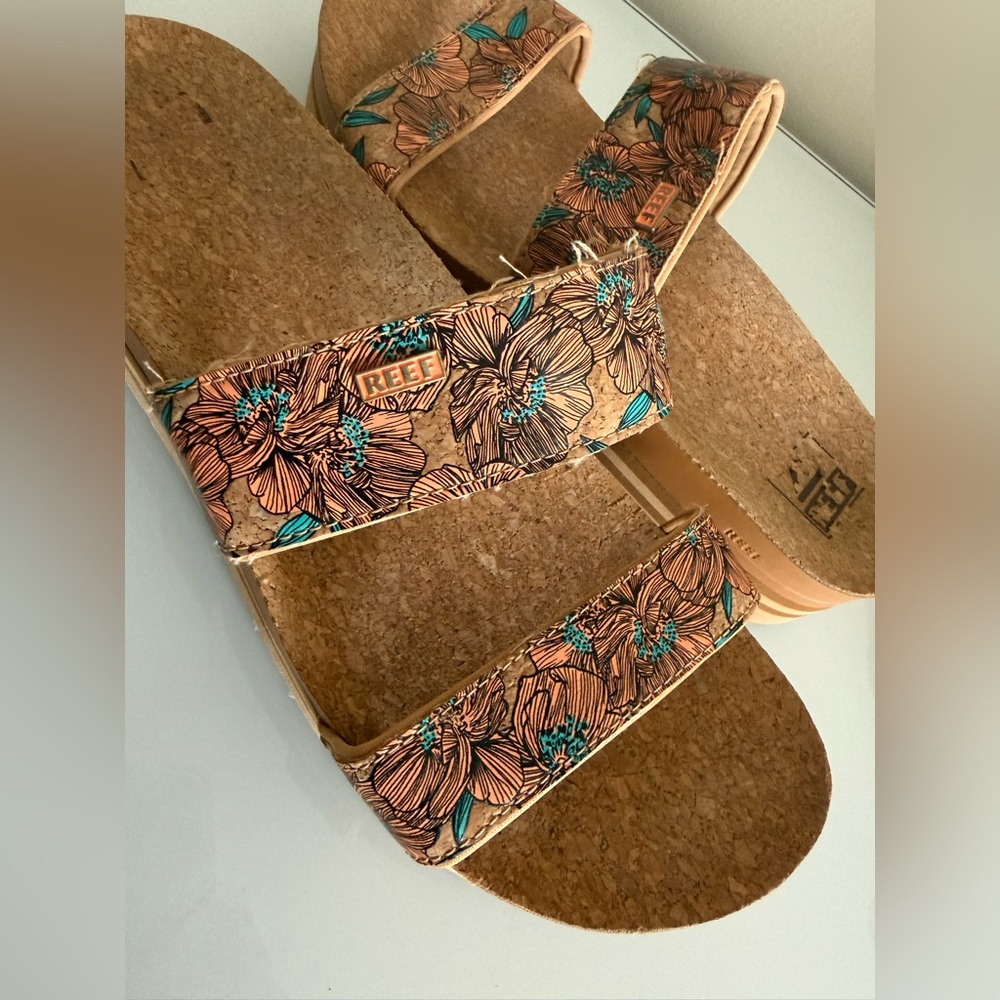 Reef Women's Floral Cork Slide Sandals in tan, orange, teal blue sz 10